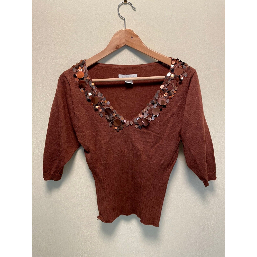 Vintage Charlotte Russe Womens Top Medium Brown Sequin V Neck Fairy Grunge Y2K